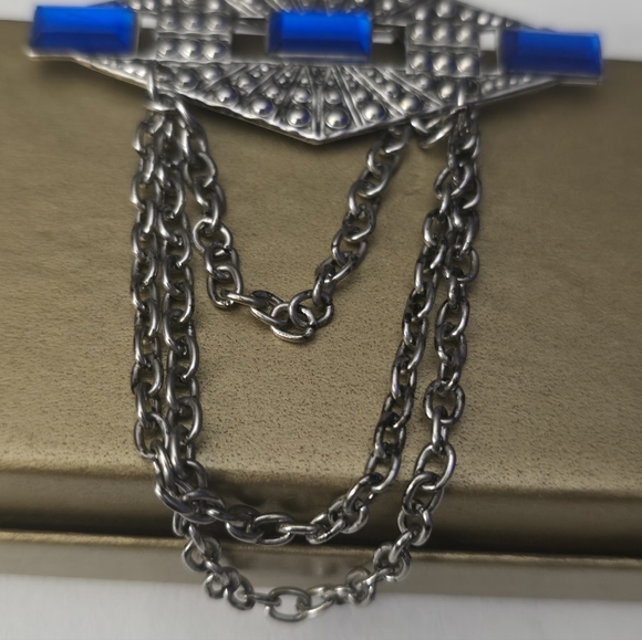 3/$20 Vintage Brooch Silver Tone Blue Rhinestones Drop Chains - Picture 3 of 8
